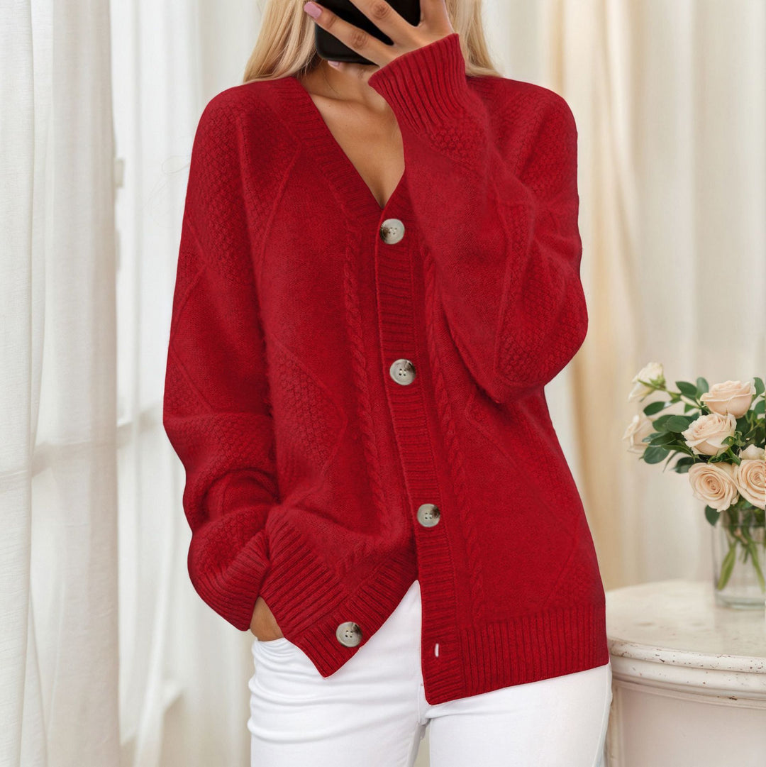 Damen Strickjacke mit geflochtenem Muster und eleganter Knopfdetail Drune