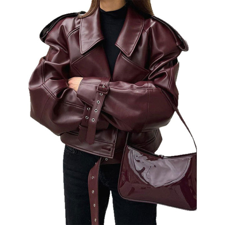 Damen modische Kunstlederjacke mit voluminösen Ärmeln Drune