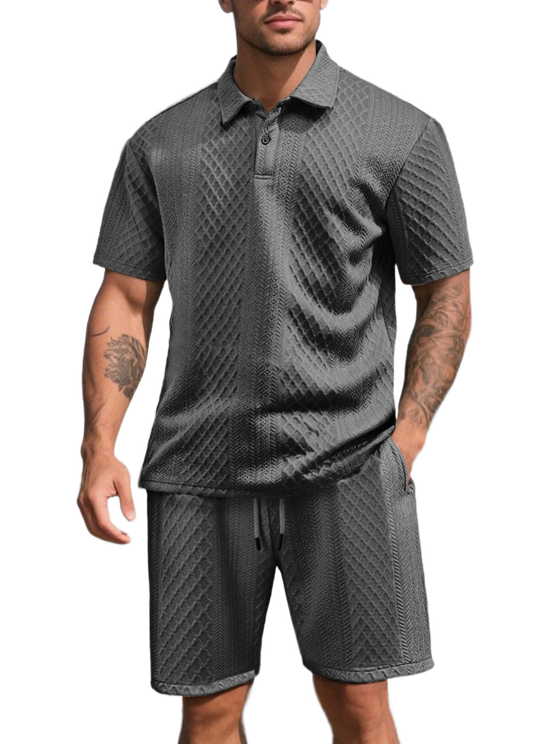 Herren nan dreidimensionales Relief-Freizeit-Set mit Polokragen, verdeckter Knopfleiste und elastischer Tunnelzugshorts Drune