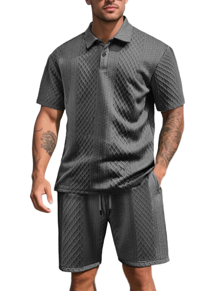 Herren nan dreidimensionales Relief-Freizeit-Set mit Polokragen, verdeckter Knopfleiste und elastischer Tunnelzugshorts Drune