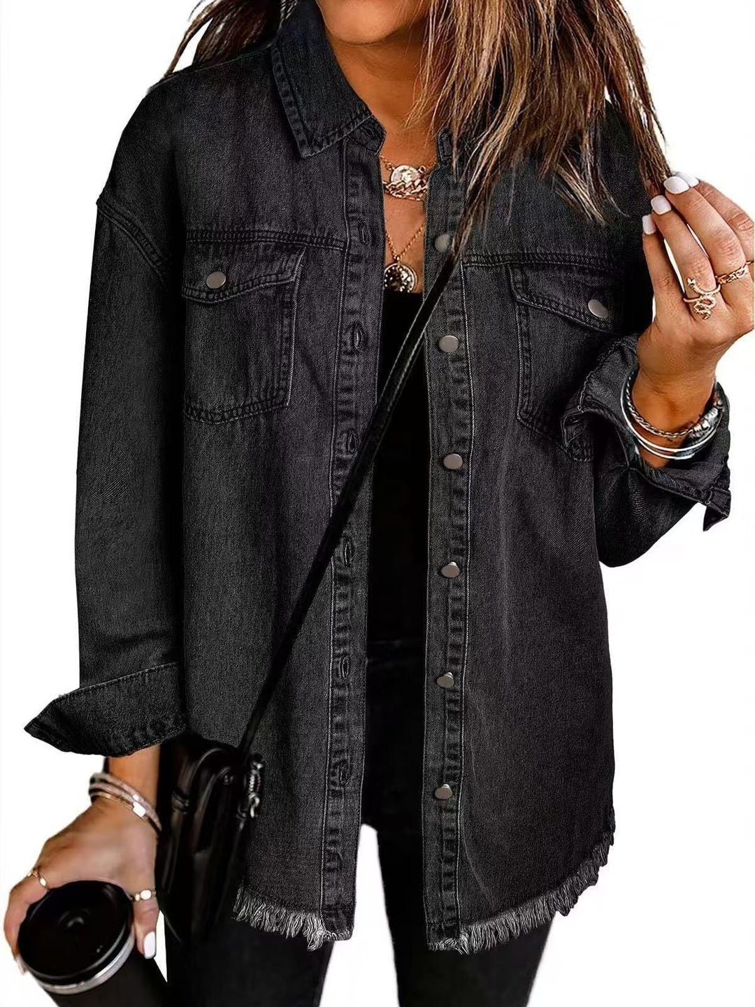 Damen Oversized Jeanshemd mit Fransen Drune