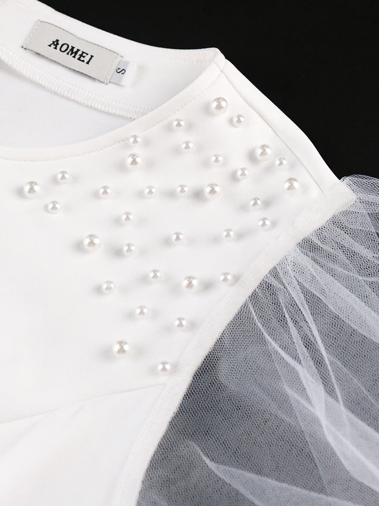 Damen elegantes figurbetontes Kleid mit Tüllärmeln und Rüschenabschluss Drune