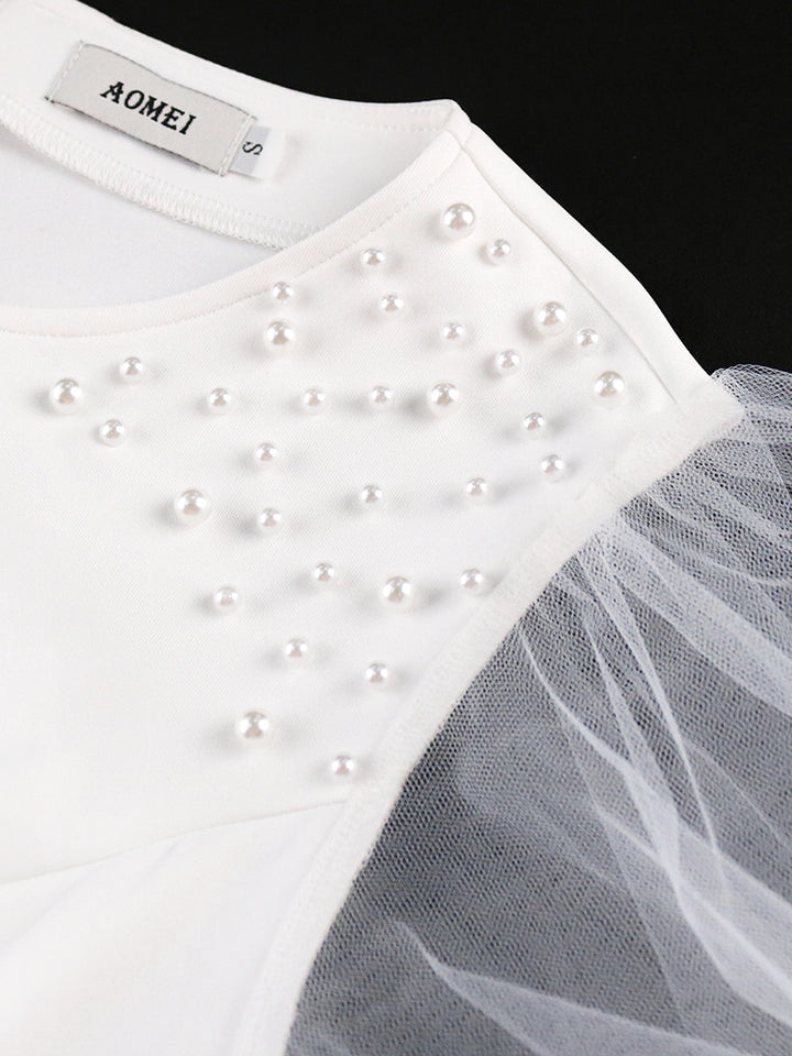 Damen elegantes figurbetontes Kleid mit Tüllärmeln und Rüschenabschluss Drune
