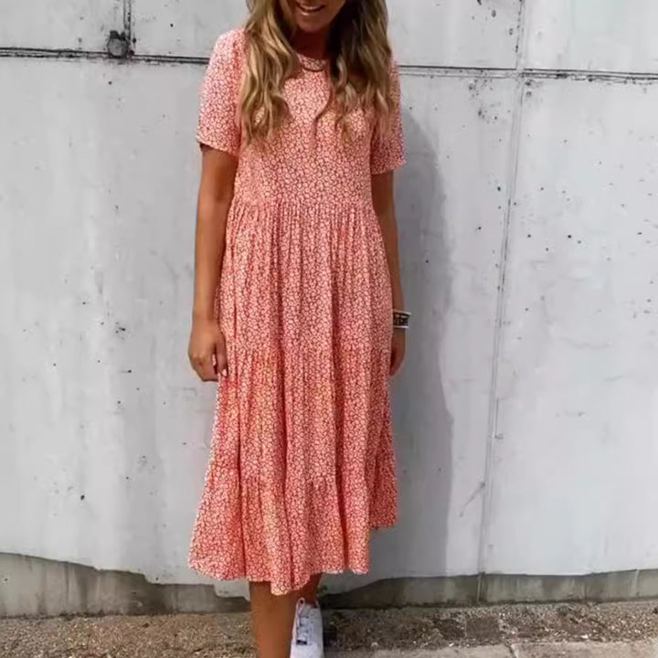 Damen nan geblümtes gekrepptes Midikleid mit geraffter Empire-Taille, kurzen Ärmeln und stufigem Volantrock Drune