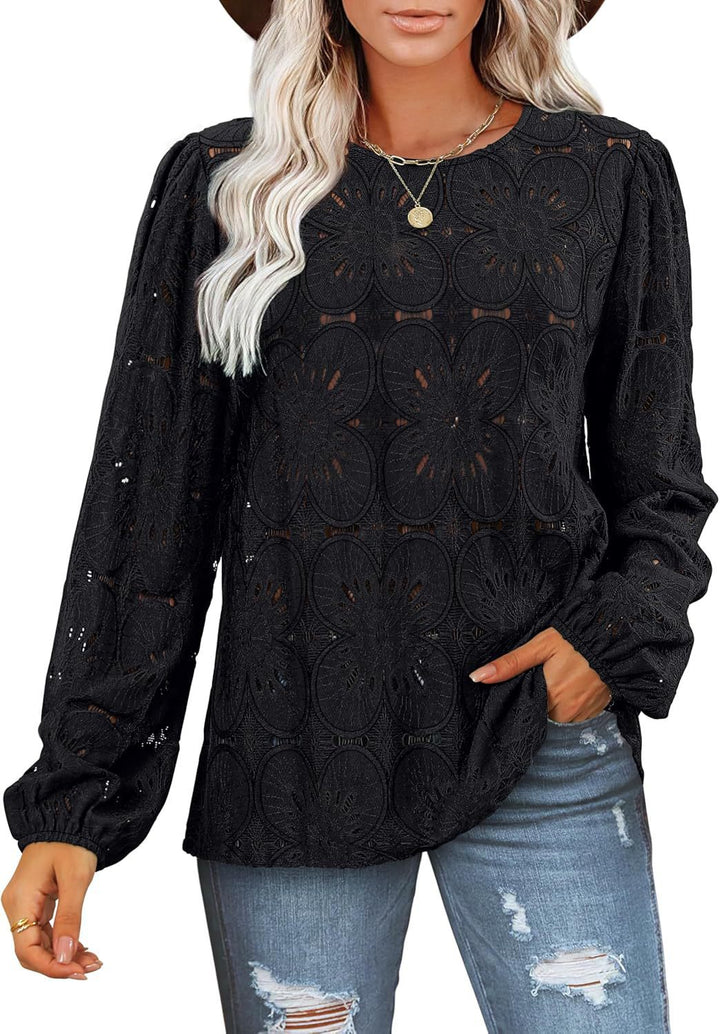 Damen Spitzenbluse mit floralen Details und eleganten Puffärmeln Drune