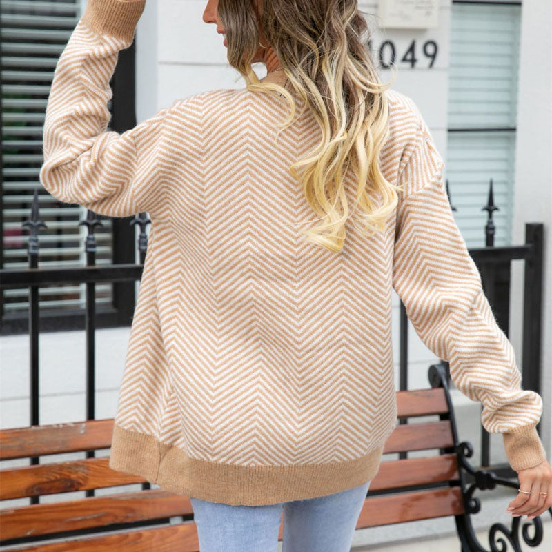 Drune | Gestreifte Klassische Strickjacke Für Damen