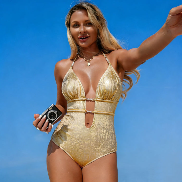 Damen Einteiliger Badeanzug mit tiefem V-Ausschnitt und eleganten Cut-Out-Details Drune