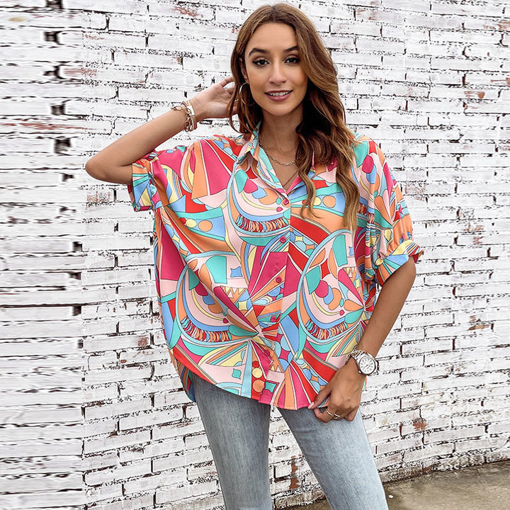 Damen farbenfrohe Bluse mit geometrischem Muster und modischer Knopfleiste Drune