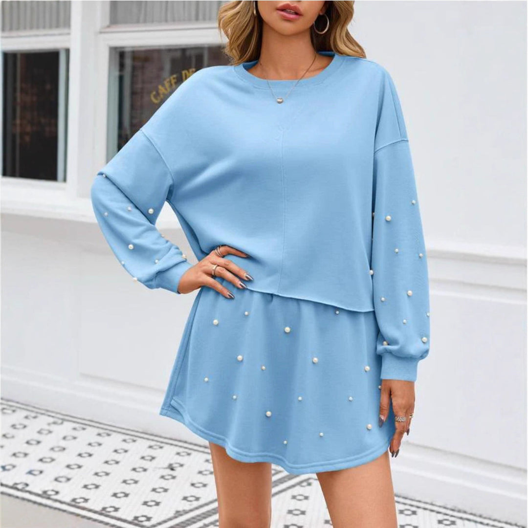 Damen Sweatkleid mit Grübchen und Perlen-Applikationen Drune