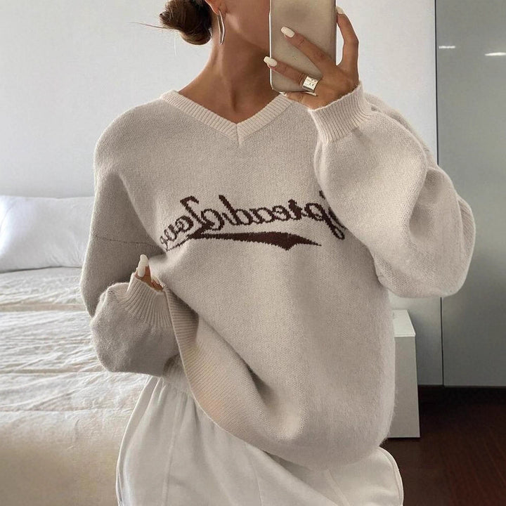 Damen Strickpullover mit modernem V-Ausschnitt und voluminösen Ärmeln Drune