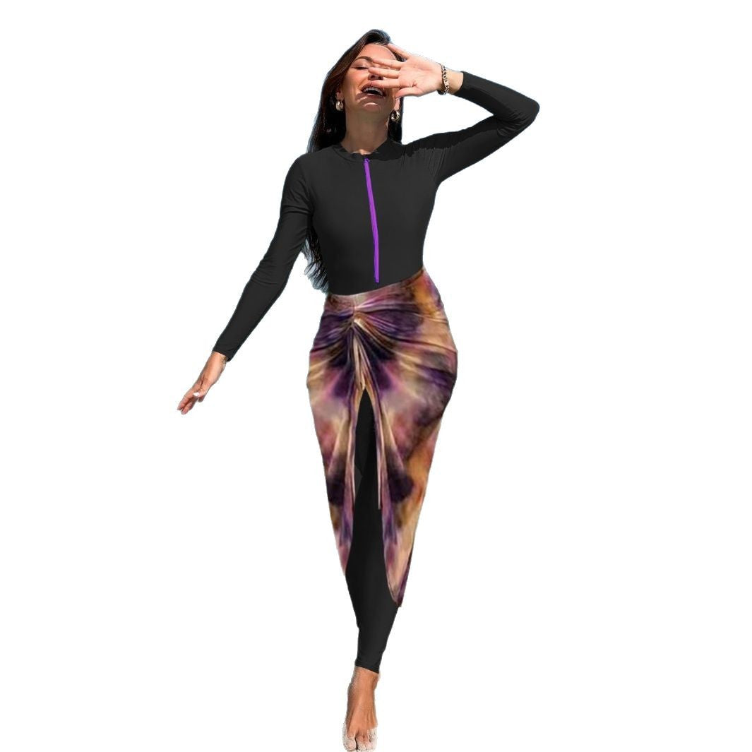 Damen modischer Langarm-Badeanzug mit elegantem Wickelrock Drune