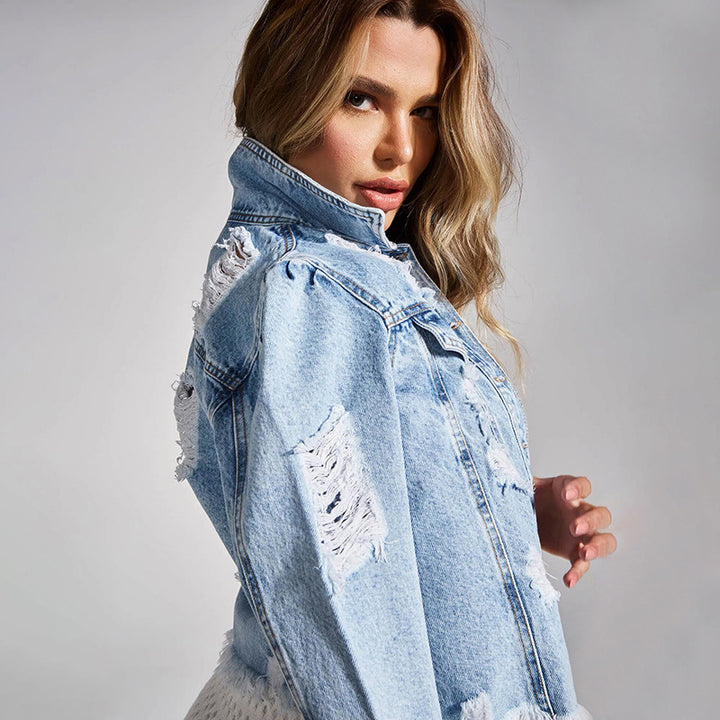 Damen trendige und lässige Jeansjacke mit Distressed-Effekten Drune