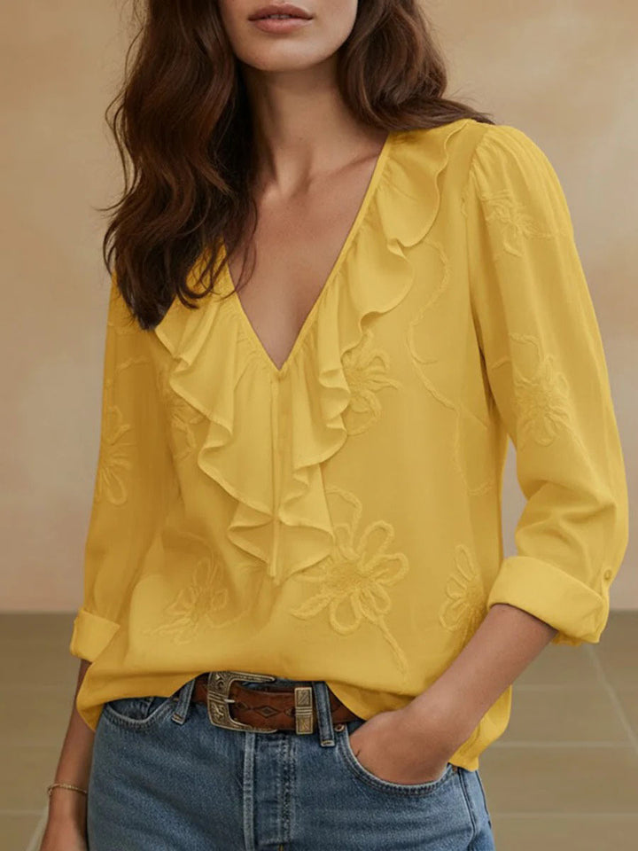 Damen elegante Bluse mit Volant und floralem Stickmuster Drune