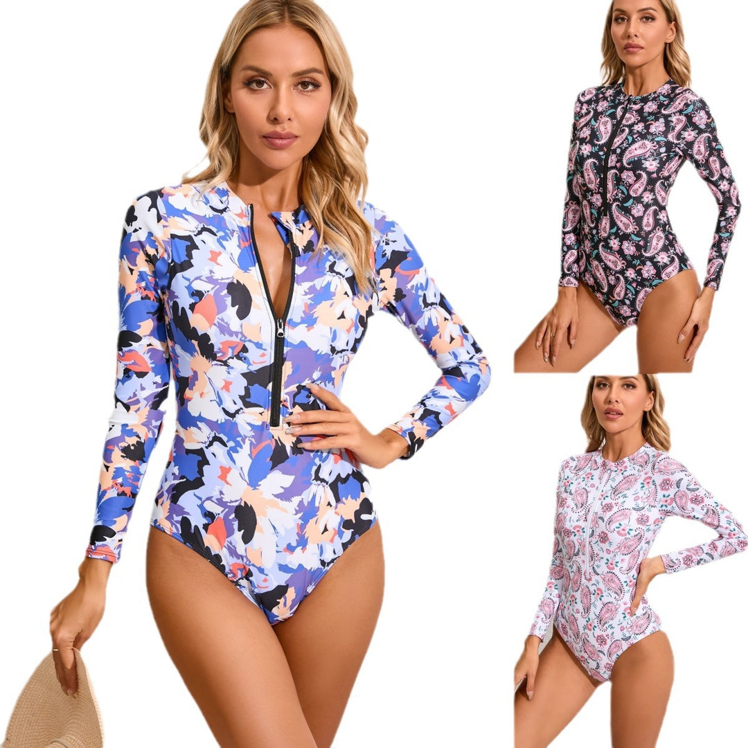 Damen Langarm Badeanzug mit funktionalem Reißverschluss und floralem Print Drune
