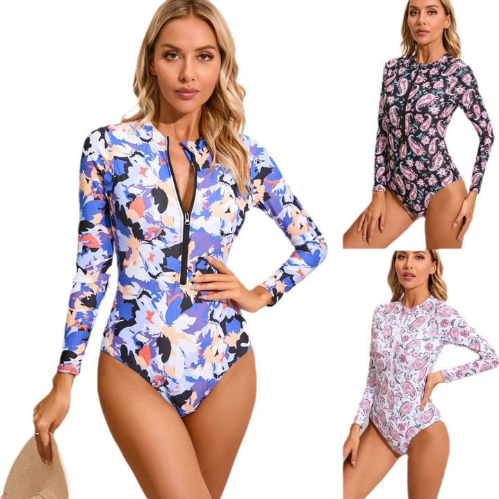 Damen Langarm Badeanzug mit funktionalem Reißverschluss und floralem Print Drune