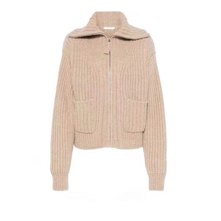 Damen modischer Grobstrickpullover mit hohem Kragen und praktischen Taschen Drune