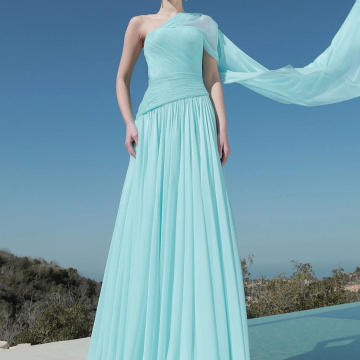 Damen Maxi-Kleid mit asymmetrischem Ausschnitt und fließendem Stoff Drune