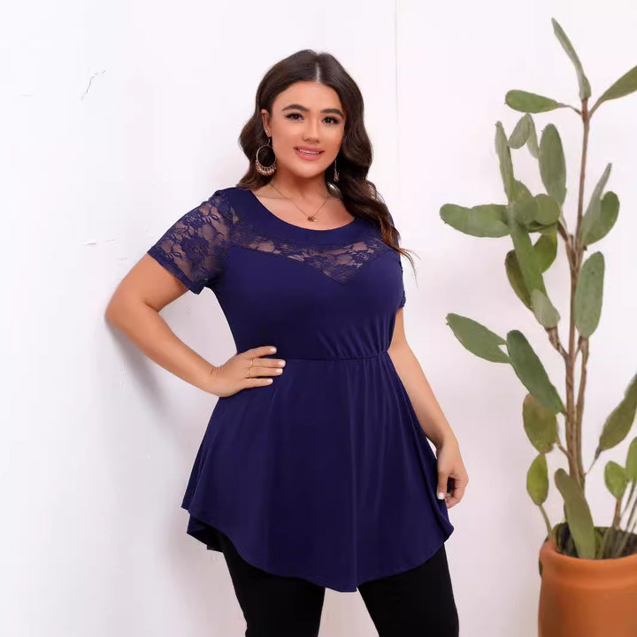 Damen lässiges T-Shirt mit Spitzenärmeln und figurumspielendem Schnitt Drune