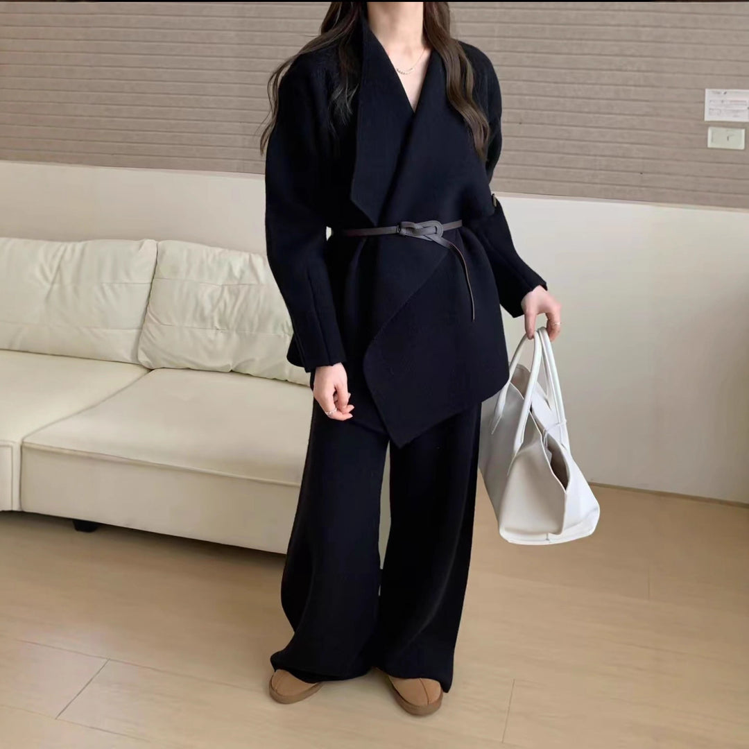 Damen Eleganter Blazer mit tailliertem Gürtel und feiner Textur Drune