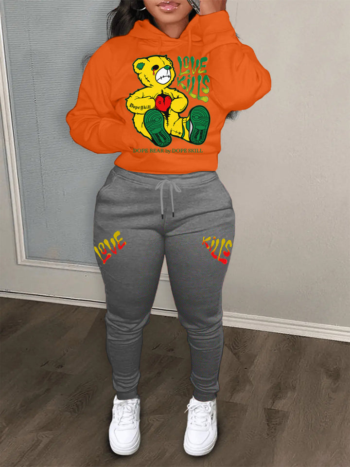 Damen Hoodie und Jogginghose Set mit kreativem Bärenmotiv und auffälligem Schriftzug Drune