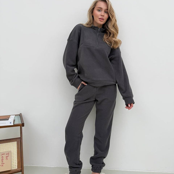 Damen Fleece-Loungewear-Set mit hohem Kragen und elastischem Bund Drune