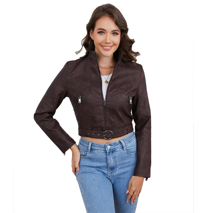 Damen moderne cropped Lederjacke mit stylischem Detail Drune