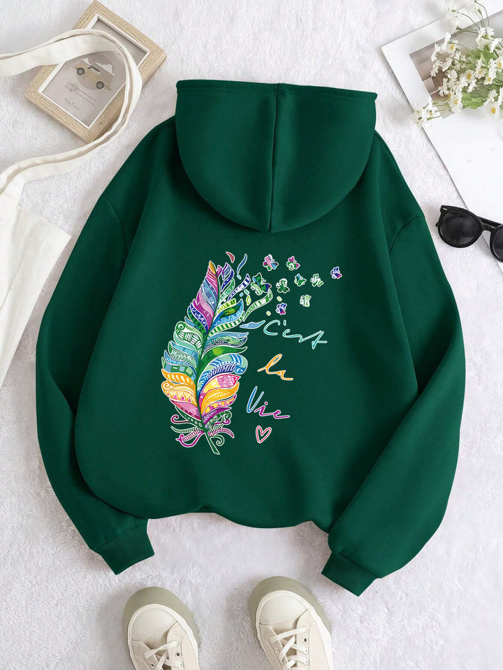 Damen lässiger Kapuzenpullover mit buntem Federdesign und inspirierendem Schriftzug Drune