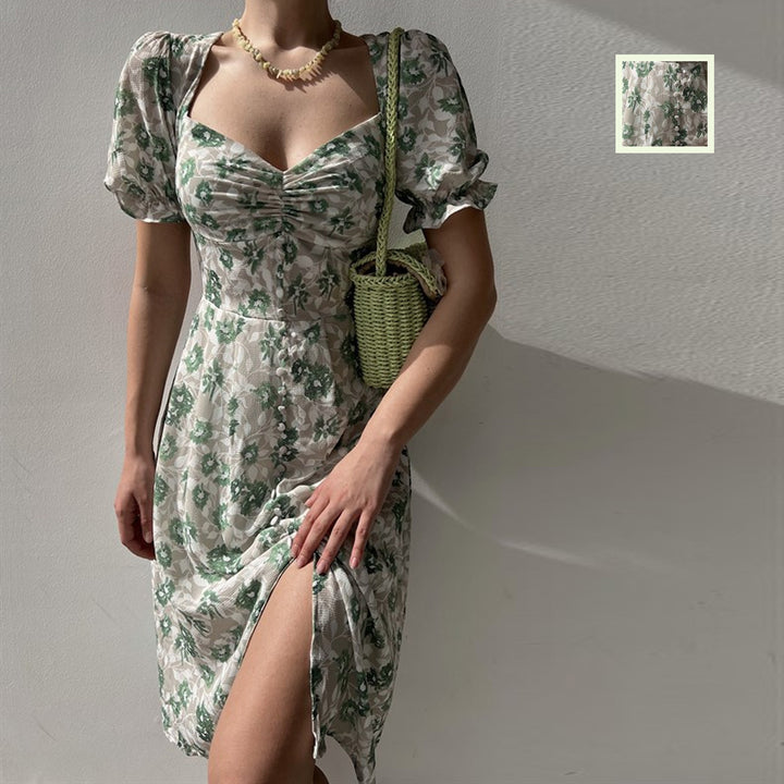 Damen Blumenkleid mit gerafften Ärmeln und seitlichem Schlitz Drune