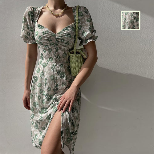 Damen Blumenkleid mit gerafften Ärmeln und seitlichem Schlitz Drune