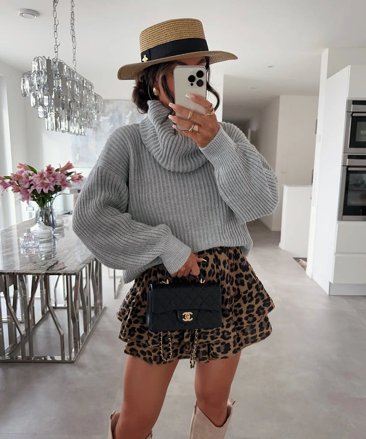 Damen Strickpullover mit hohem Kragen und voluminösen Ärmeln Drune