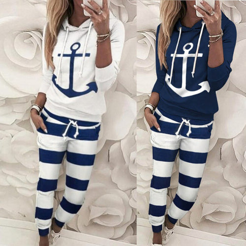 Damen Freizeit-Hoodie mit maritimem Ankerdesign und gestreiften Jogginghose Drune