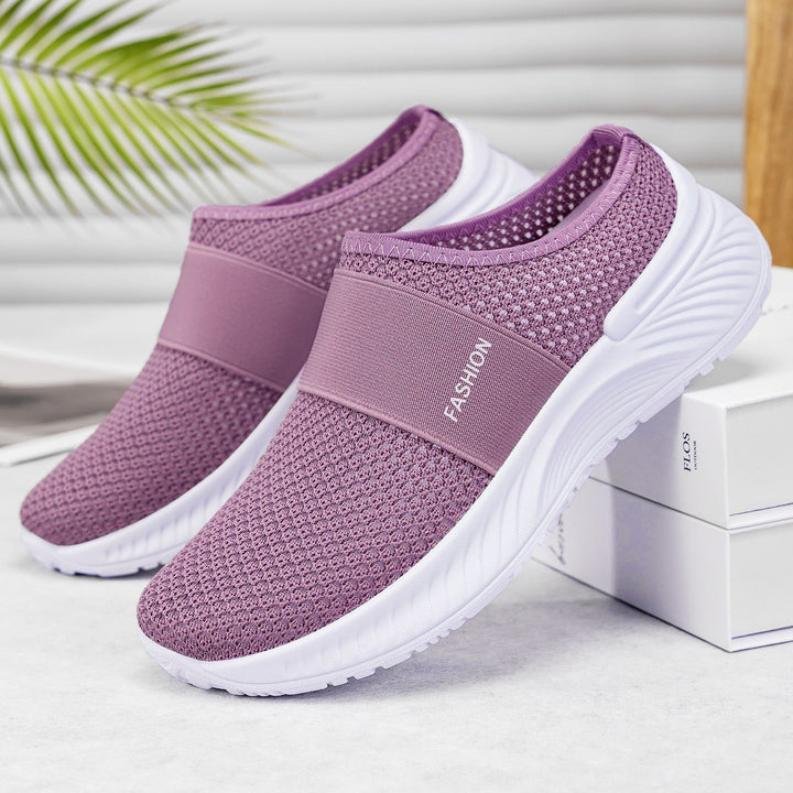 Damen nan atmungsaktive Strick-Slipper mit elastischem Mittelriemen und stoßabsorbierender Wellenlaufsohle Drune