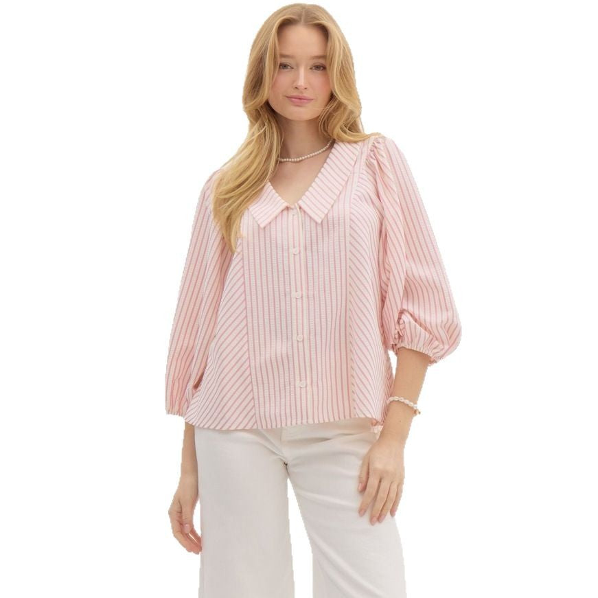 Damen Bluse mit Puffärmeln und Kontraststreifen Drune