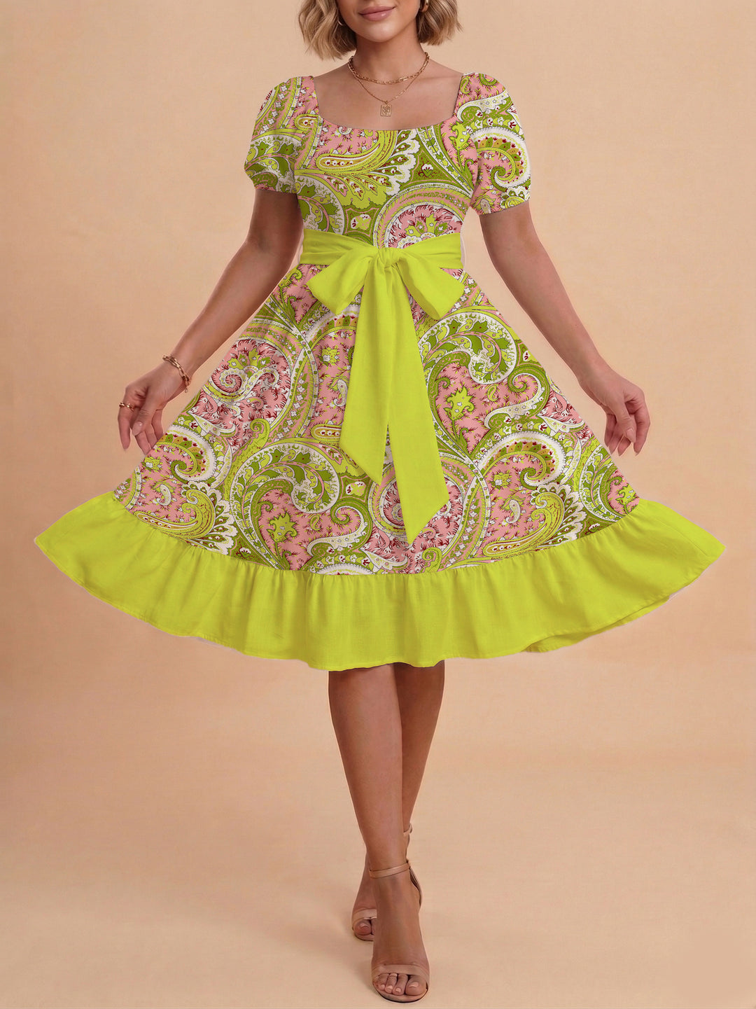 Damen modernes Blumenkleid mit elegantem Taillengürtel und asymmetrischem Saum Drune