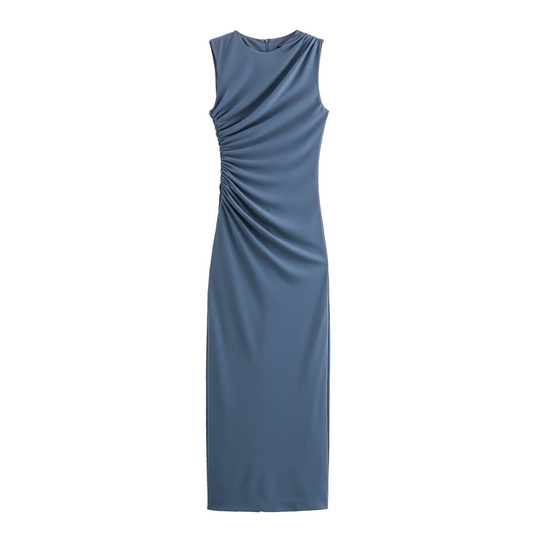 DruneMODE | Einfarbiges Rundhalsausschnitt Ärmelloses Faltendes Slim Fit Kleid