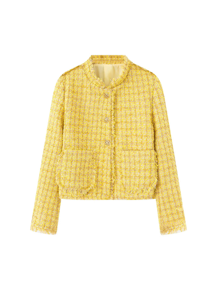 Damen stilvolle Kurzjacke im strukturierten Tweed-Design mit dekorativen Knöpfen Drune