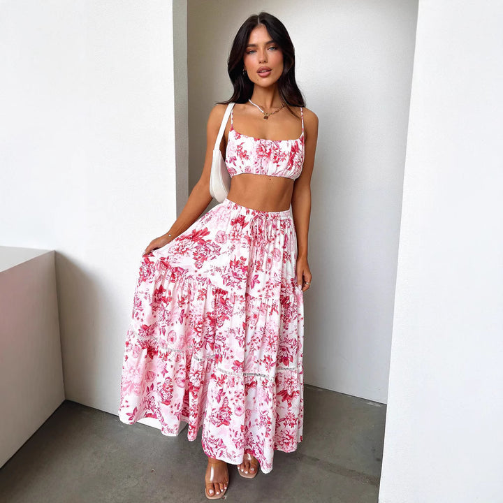 Damen Zweiteiliges Sommeroutfit mit floralem Top und Maxi-Rock Drune
