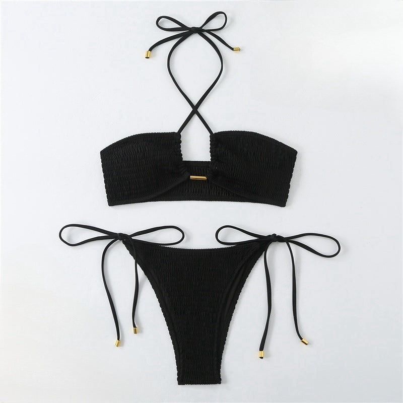 Damen Bikini-Set mit gerafftem Bandeau-Oberteil und hoch geschnittenen Höschen Drune