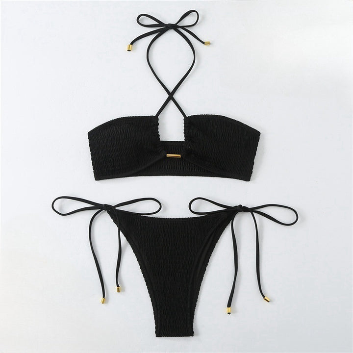 Damen Bikini-Set mit gerafftem Bandeau-Oberteil und hoch geschnittenen Höschen Drune