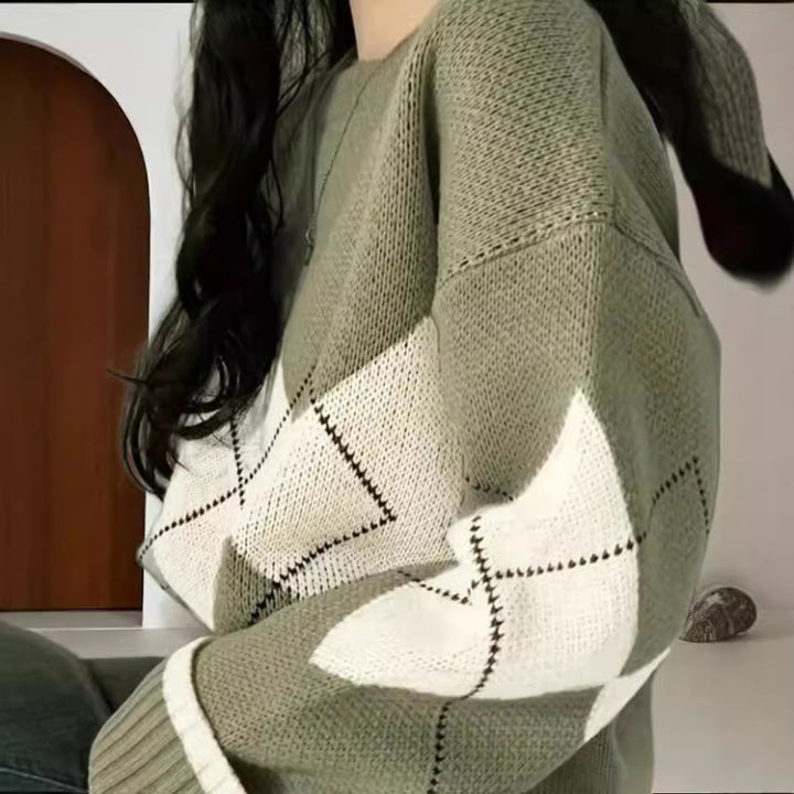 Damen Grobstrickpullover mit modernen Rautenmustern und weitem Schnitt Drune