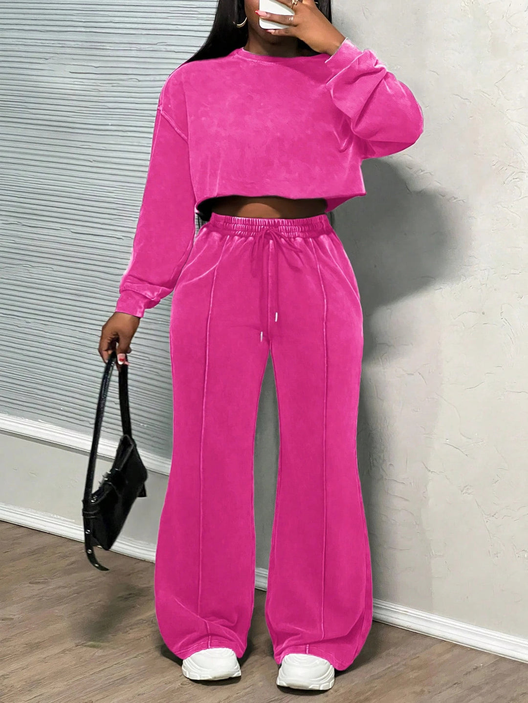 Damen lässiges Crop-Oberteil und weit geschnittene Hose Set Drune