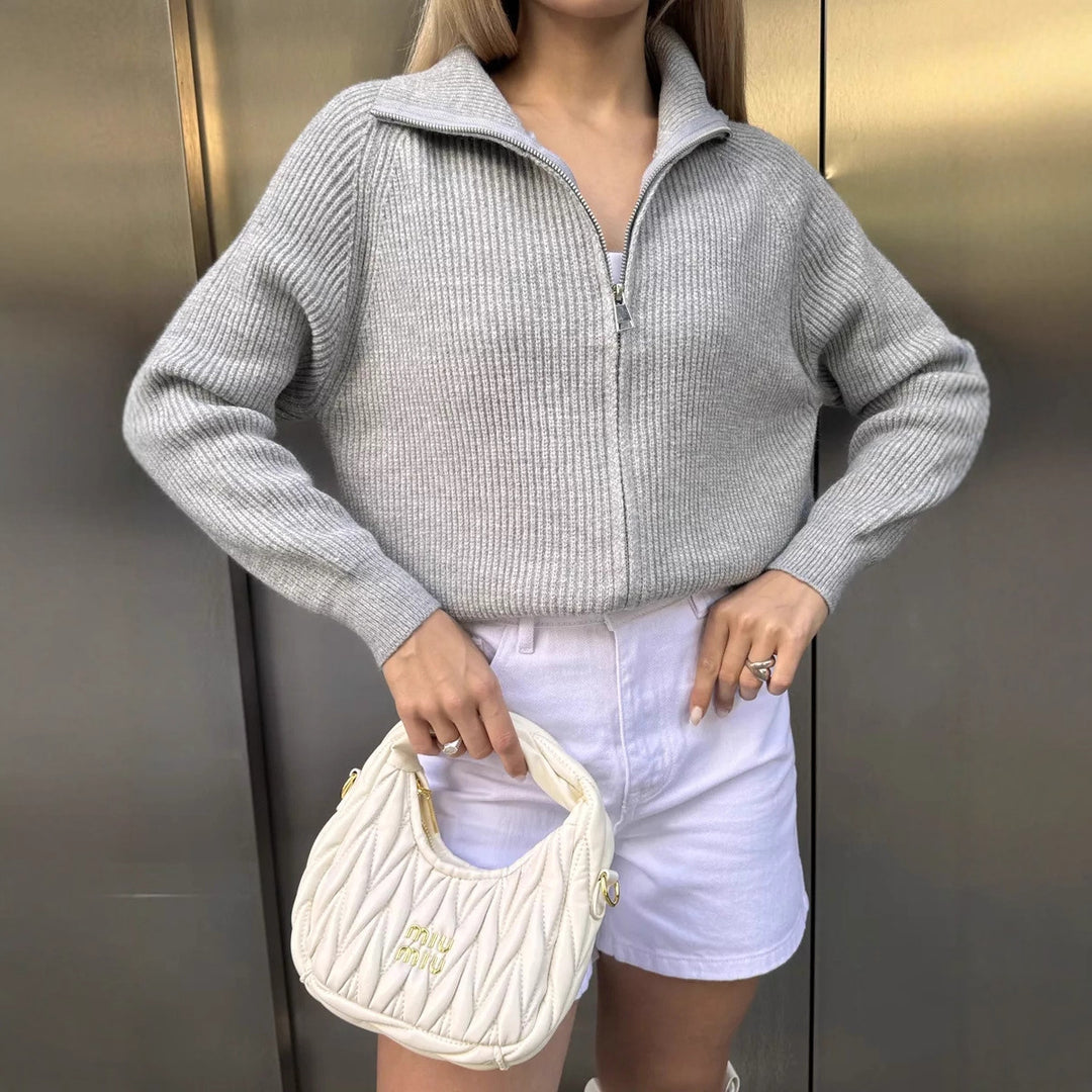 Damen modischer Grobstrickpullover mit hohem Kragen und durchgehendem Reißverschluss Drune