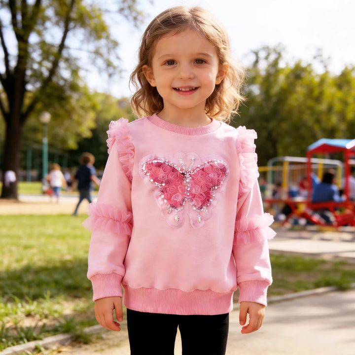 Mädchen Sweatshirt mit glänzendem Schmetterlingsmotiv und Rüschendetails Drune