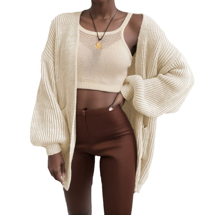 Damen Großer Strickjacke mit voluminösen Ärmeln und praktischen Taschen Drune