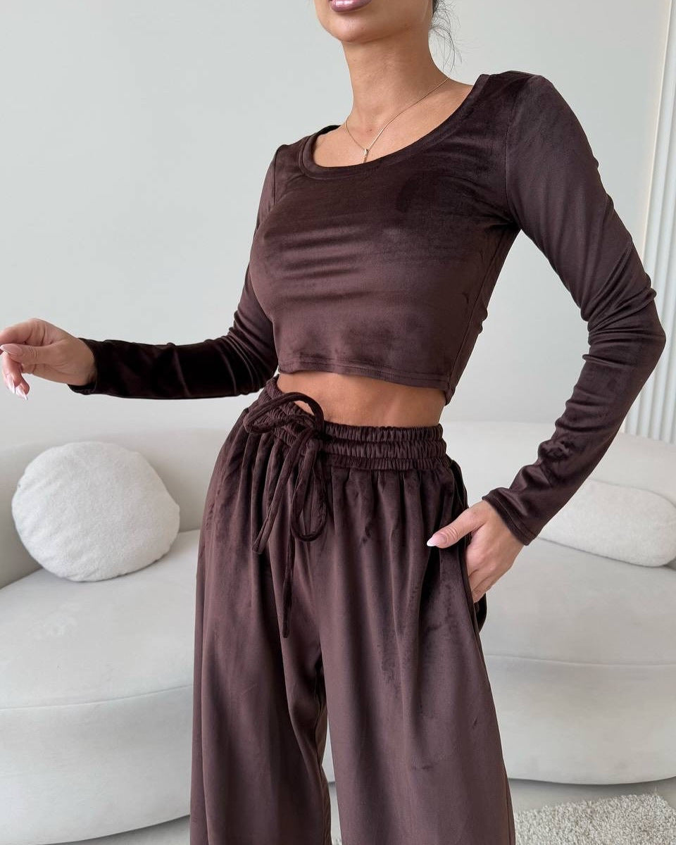 Damen Elegantes und bequemes Lounge-Set mit cropped Oberteil und weit geschnittenen Hosen Drune