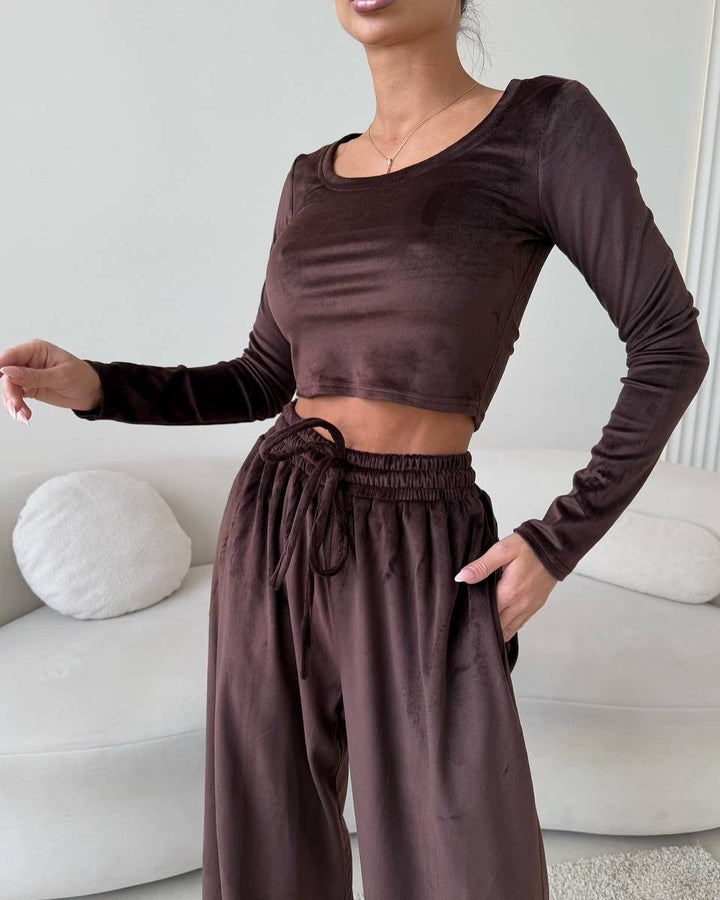 Damen Elegantes und bequemes Lounge-Set mit cropped Oberteil und weit geschnittenen Hosen Drune