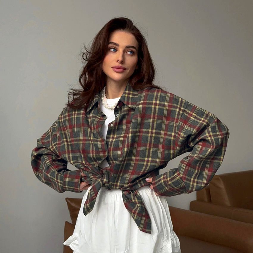 Damen Karobluse aus bequemer Baumwolle mit Button-Down-Kragen und langem Arm Drune