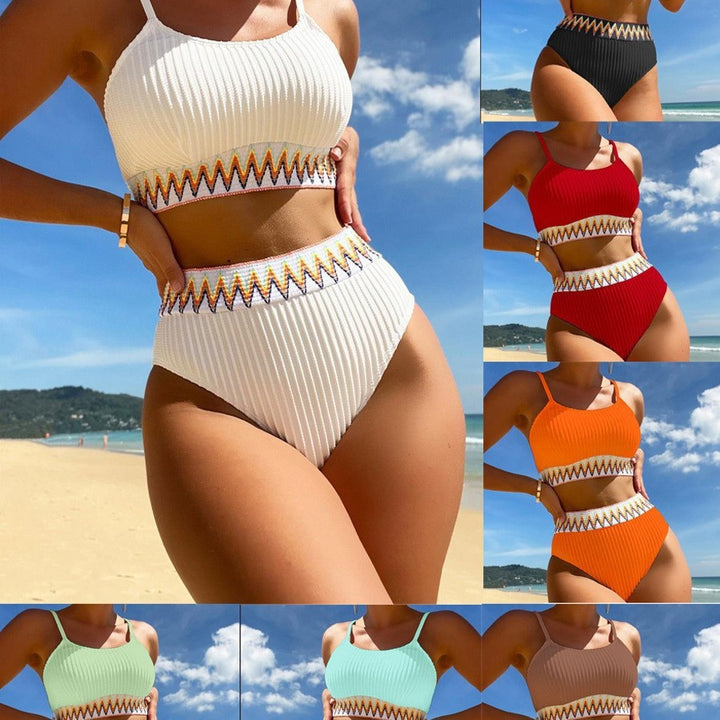 Damen Hochtailliertes Bikini-Set mit modischem Rippdesign und buntem Akzent Drune