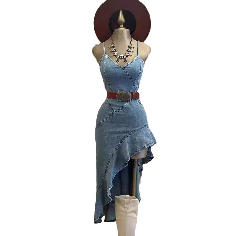 Drune | Rüschensaum Denim Split Kleid