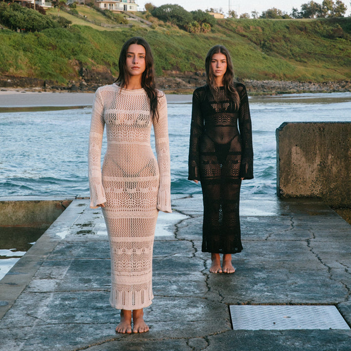 Damen Häkel-Strandkleid mit langem Schnitt und Boxermuster Drune